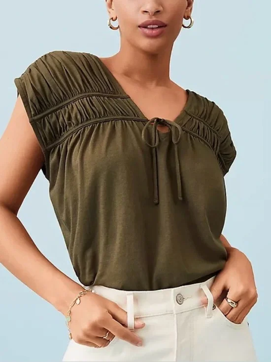 LOFT Shirred Tie Neck Top Green Cotton Blend Boho Chic V-neck Womens Large