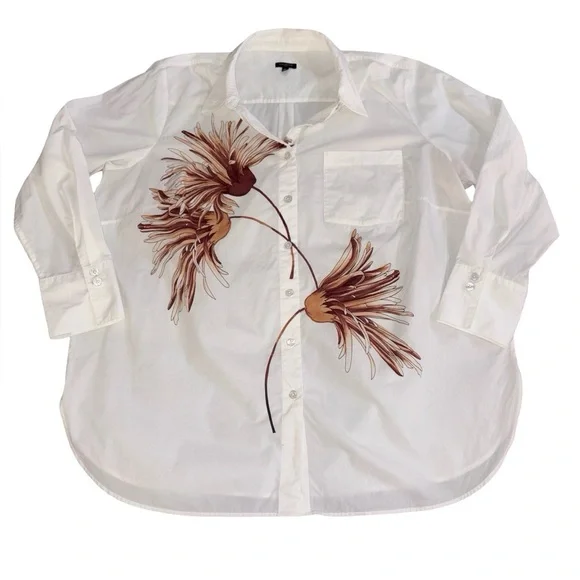 Talbots Plus 2X White Floral Button Down Shirt 100% Cotton