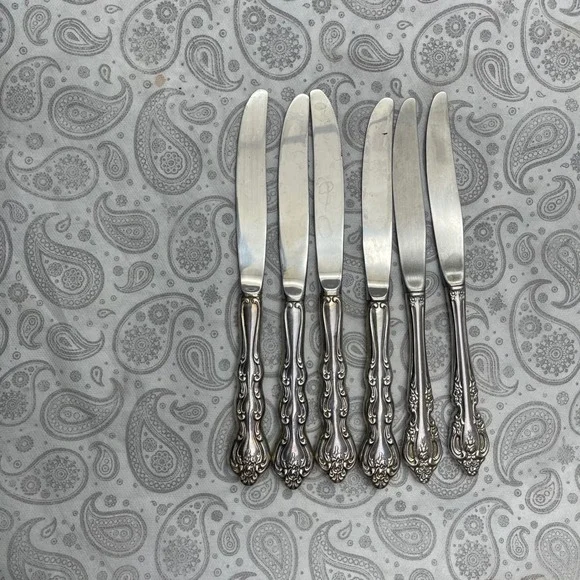 Vintage Stainless Dinner Knives Set of 6 Floral Scroll Flatware Silverware