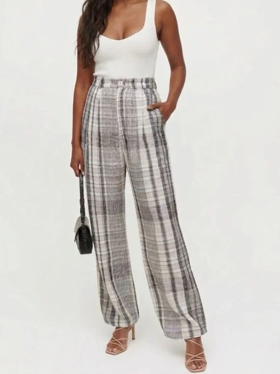 Reformation Vesta Linen High Rise Pant size 0 in Grey Plaid