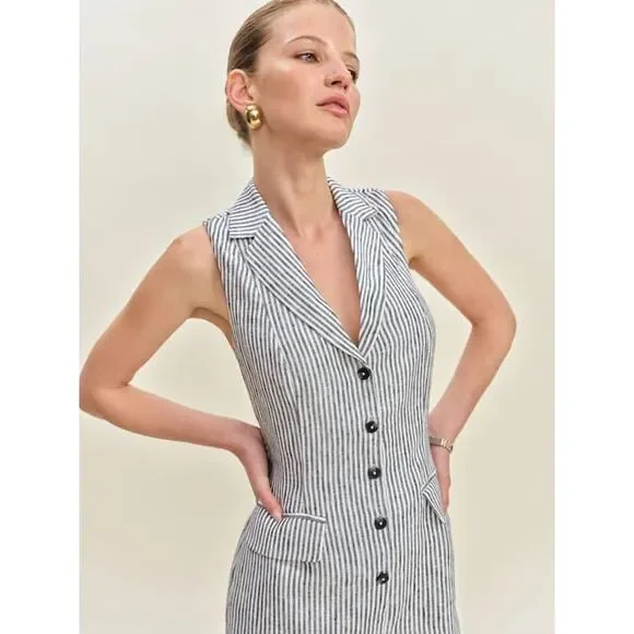 Reformation Women's Striped Sleeveless Leila Linen Romper Blue White Sz 10