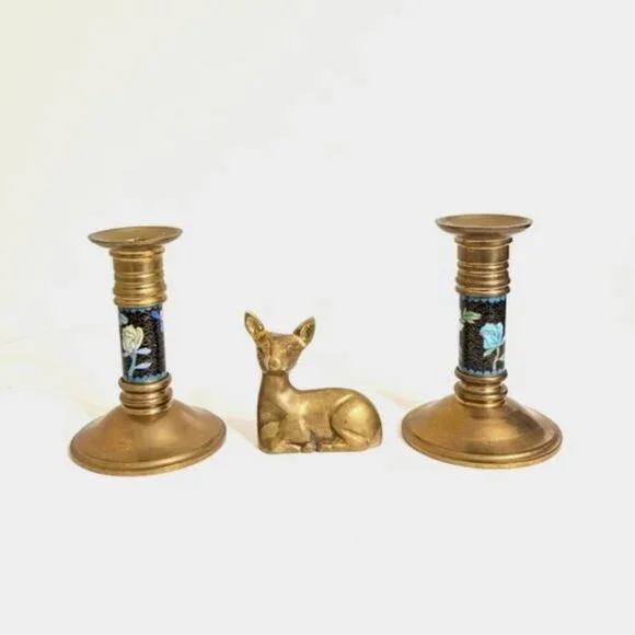 Pier 1 Blue Floral Cloisonné and Brass Candle Holders, Set of 2+Bonus