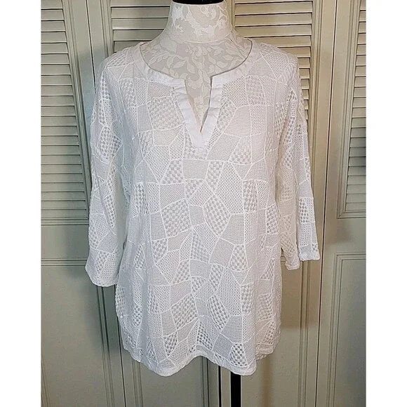 Rafaella White Top See Thru Lace ~ Size 2X ~ Shell/Over Shirt ~ Summer Sun Fun