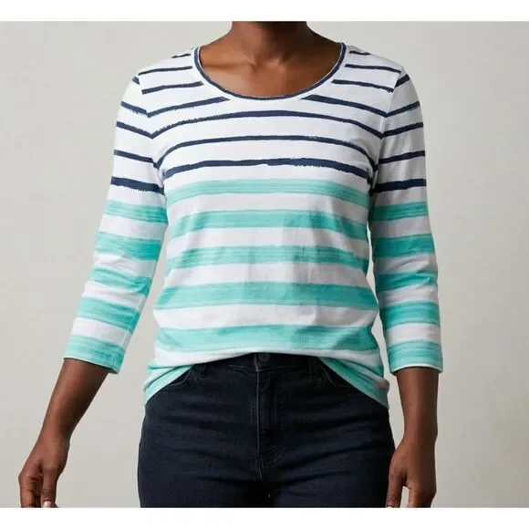 Weekends by Chicos Shirt Womens 0 Small Striped Scoop Neck Beachy 3/4 Sleeve
