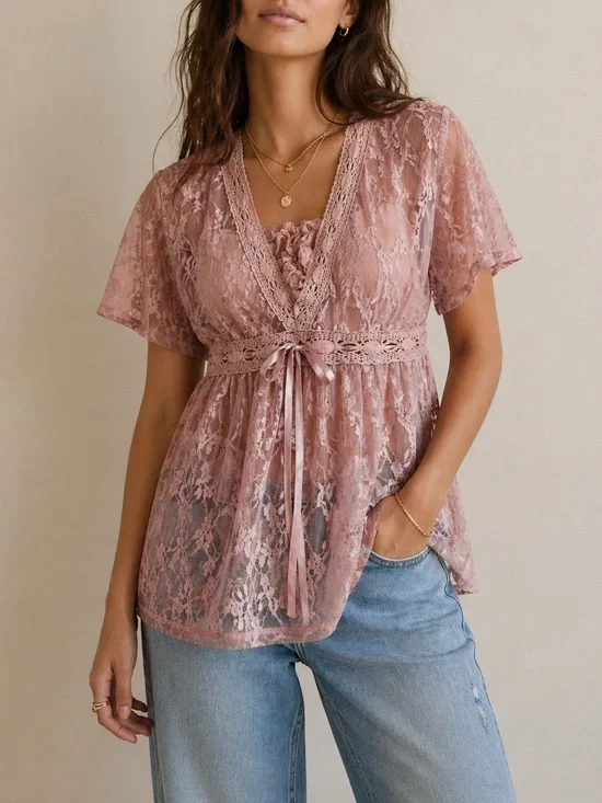 Sundance Sheer Lace Boho Top XS Mauve Rose Pink Crochet Trim Ribbon Romantic