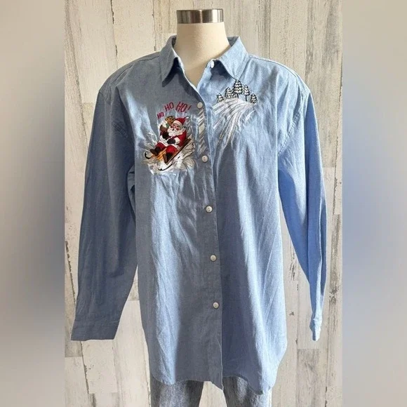 Vintage Santa Button-Up Shirt 18W HO‎ HO HO on shoulder Christmas