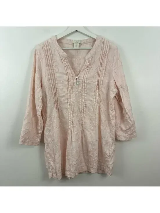Saint Tropez West Linen Pintuck Embroidered Blouse Women's Size L