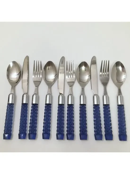 Lot of 10 Lucite Acrylic Plastic Handle Flatware Blue Faceted Diamond
