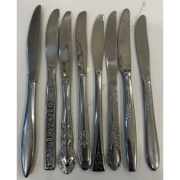 Vtg Mixed Lot of 8 Dinner Knives‎ 9” MCM Mismatched Stainless Floral Patterns