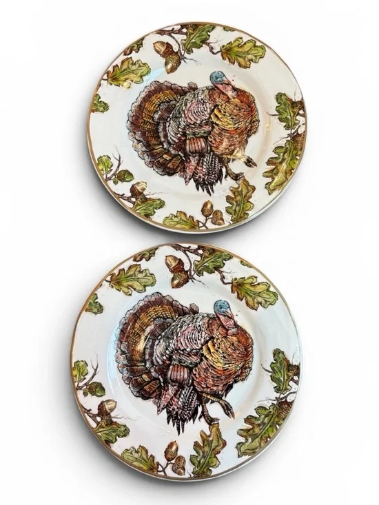 Pier 1 Autumn Oak Turkey Luncheon Salad Plates Earthenware 9