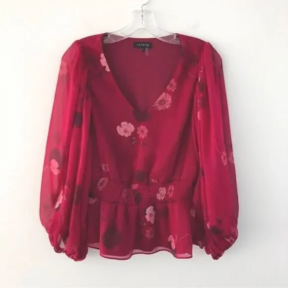 1. STATE Romantic Floral Blouse Puff Sleeve Floral Peplum in Wild Berry Small