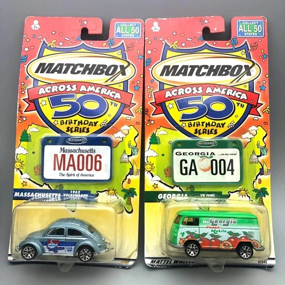 Matchbox Across America 50th Birthday Massachusetts VW Beetle, Georgia Panel Van