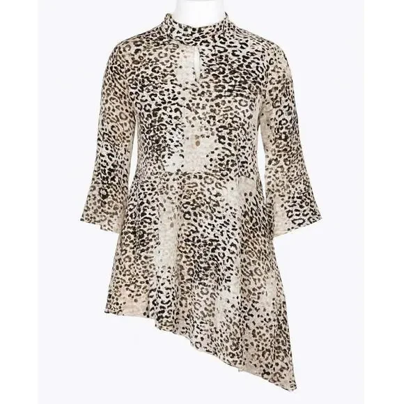 CATO KEYHOLE LONG SLEEVE ASYMETRICAL FLARE SLEEVE TUNIC LEOPARD PRINT SIZE 18/20