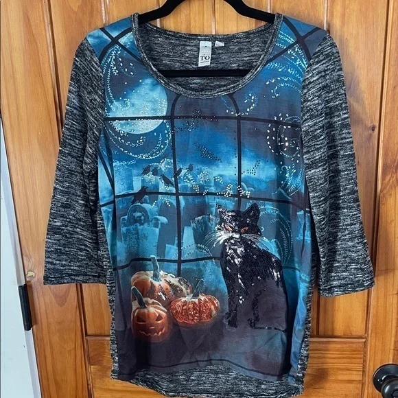 TO Thomas Olivia Halloween Top Black Cat Sequined 3/4 Sleeve Medium Pumpkins