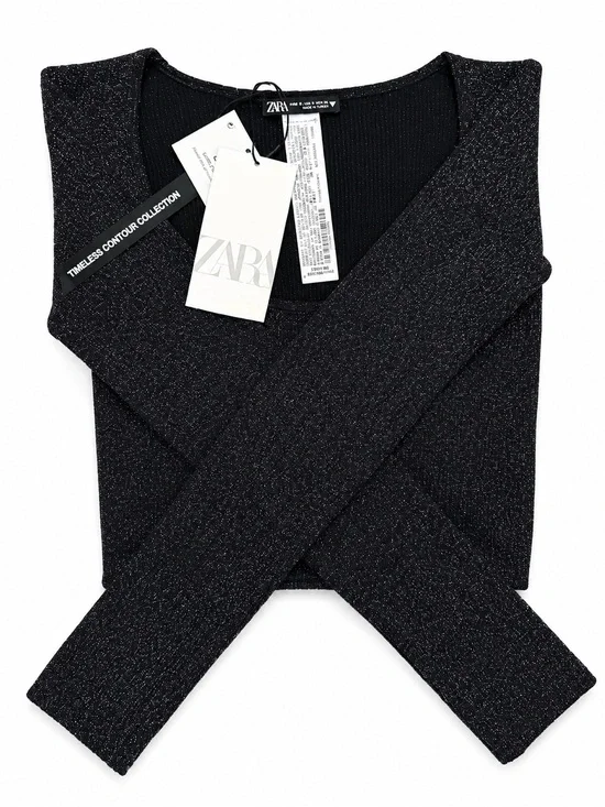 NWT Zara Limitless Contour Metallic Knit Crop Top Black Sparkle Long Sleeve
