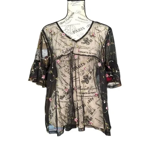 Gypsies & Moondust Black Sheer Mesh Floral Blouse in Size Large