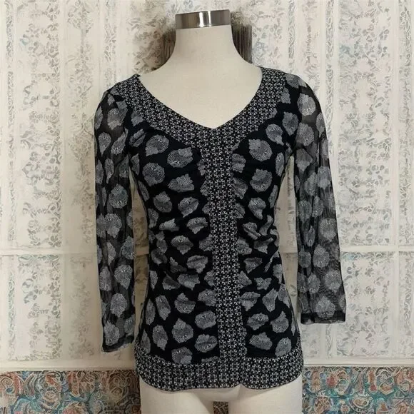 Inc International Concepts Black Paisley Floral Boho Blouse Top Medium