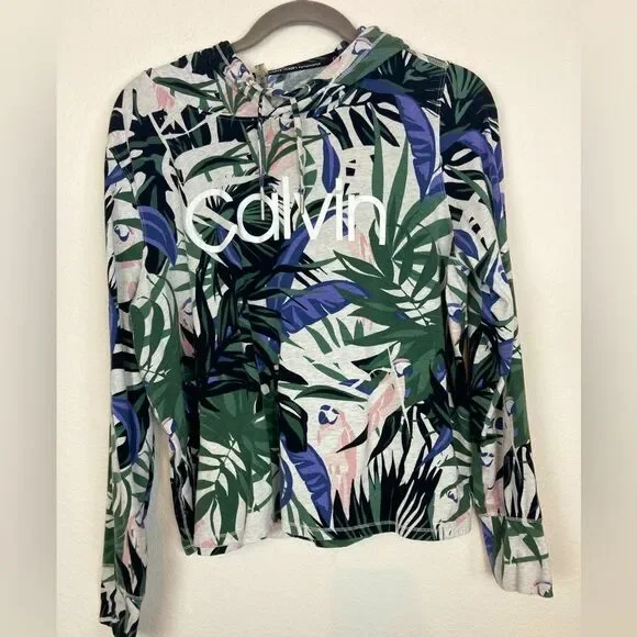 Calvin Klein Hoodie w/Pink Parrots & Leaf print, slouchy lightweight