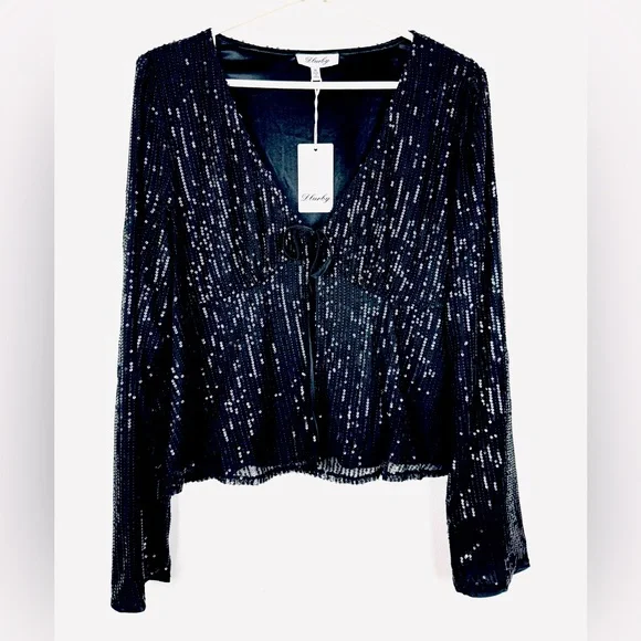 Women’s LinedTie Front Long Sleeve Sequin Cardigan Top Black XL NWT