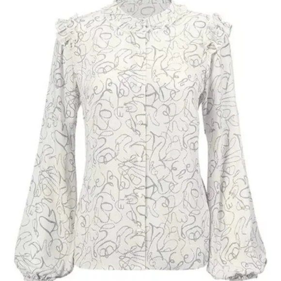 CAbi White Gray Abstract Ribbon Button Blouse
