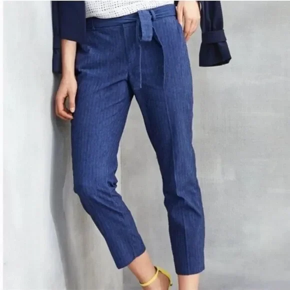 Banana Republic Avery Fit Tie-Waist Pinstripe Pants Women 0P Blue Cropped Soft