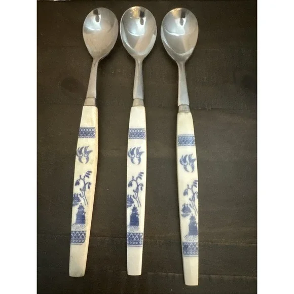 UNF2093 Vintage‎ Ice Tea Spoon Blue White Asian Theme Stainless Japan-3
