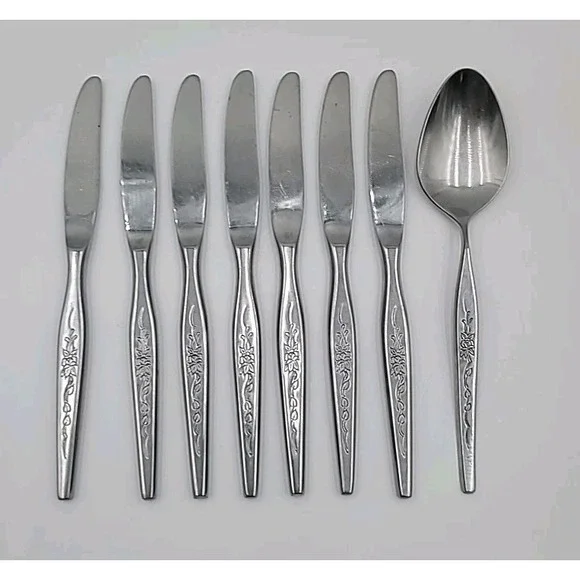 8pc‎ WOODCREST Northland Oneida Wood Crest Stainless Flatware Japan Spoon Knives