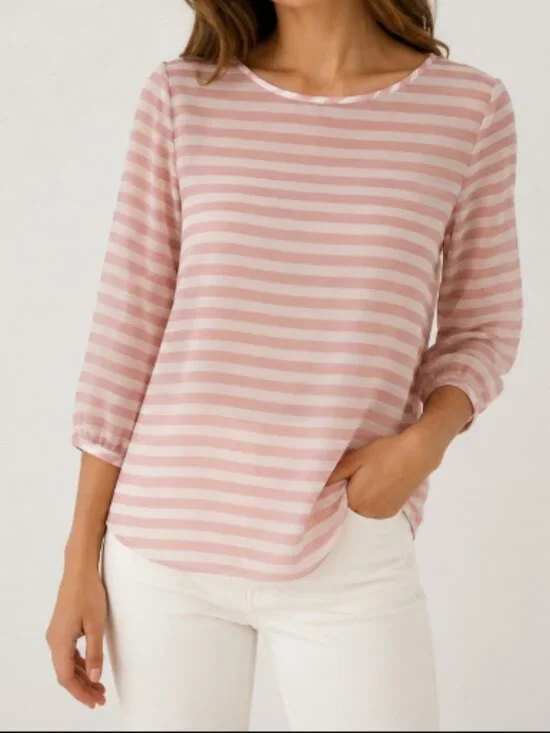 LOFT Pink and White Striped Chiffon Long Sleeve Shirt Size Small