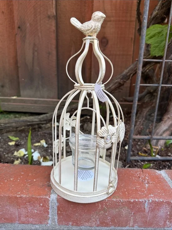 Pier 1 Cream Metal Birdcage Candle Holder with Floral Accents