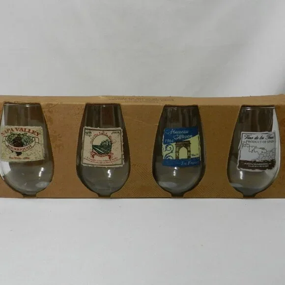 Pier 1 Stemless Wine Glass Napa Spain Italy & France Labels Set of glasses 4 NIB
