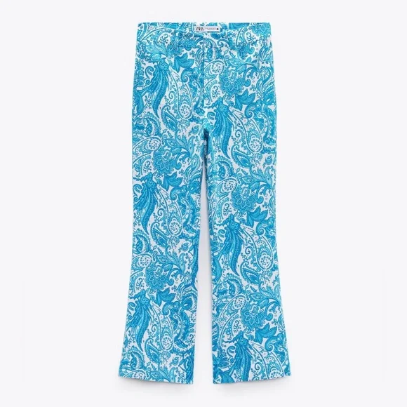 NWOT ZARA Linen Blend Trouser Pants Sz 6 Kick Flare Hem Blue Paisley Print