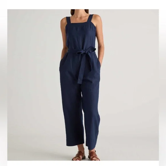 Like New Quince 100% European Linen Square Neck Jumpsuit Deep Navy Small