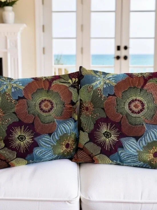 Set of 2 Pier 1 Floral Embroidered Throw Pillows Vibrant Blue Orange Green Red