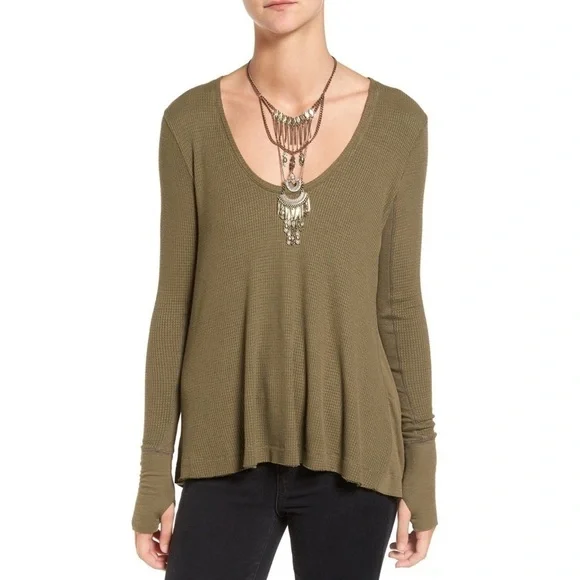 Free People Malibu Thermal Knit Top Army Green S