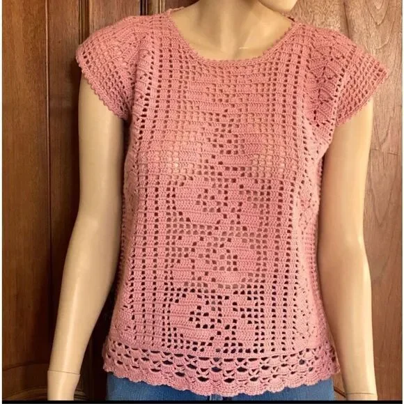 Vintage Crochet Top Pink Shirt Festival Blouse Handmade Shirt Size Medium