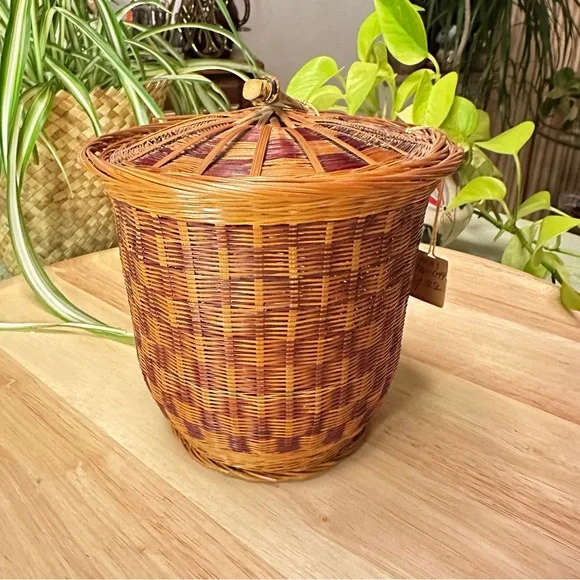 Vintage Pier 1 Imports Lidded Woven Basket – Rustic Boho Storage Decor
