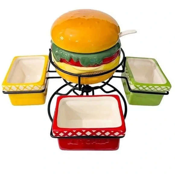 Pier 1 Imports “Thrill of the Grill” Hamburger Condiment Spinner Set C9