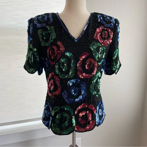 Vintage Stenay Silk Beaded and Sequin Top Short Sleeve Size Small