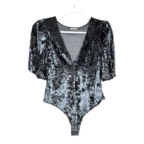 Free People Intimately Velvet Bodysuit Plunge Neckline Puff Sleeve Party Top