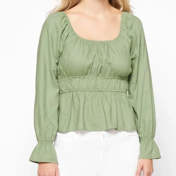 Daisy & Delilah Stitch Fix Women L Green Linen Blend Boho Larisa Peplum Top NWT