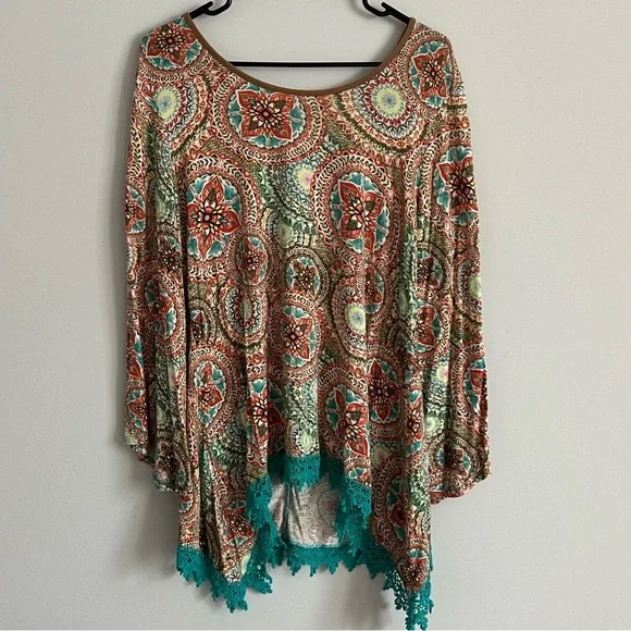 New Directions Multi-Color Medallion Print Crochet Hem Long Sleeve Blouse