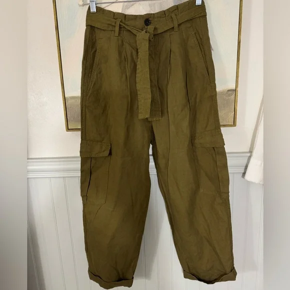 ZARA Army Green Linen Cargo High Waist Cropped Pant Size XS NWT