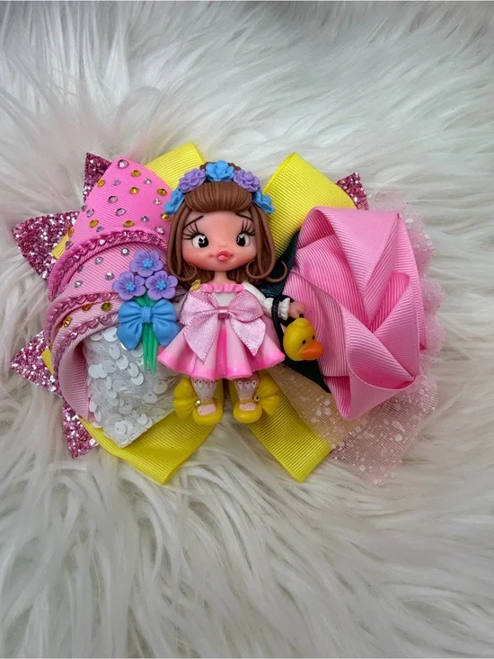 Hand Crafted Pink & Yellow Doll Hair Bow with Floral Accents