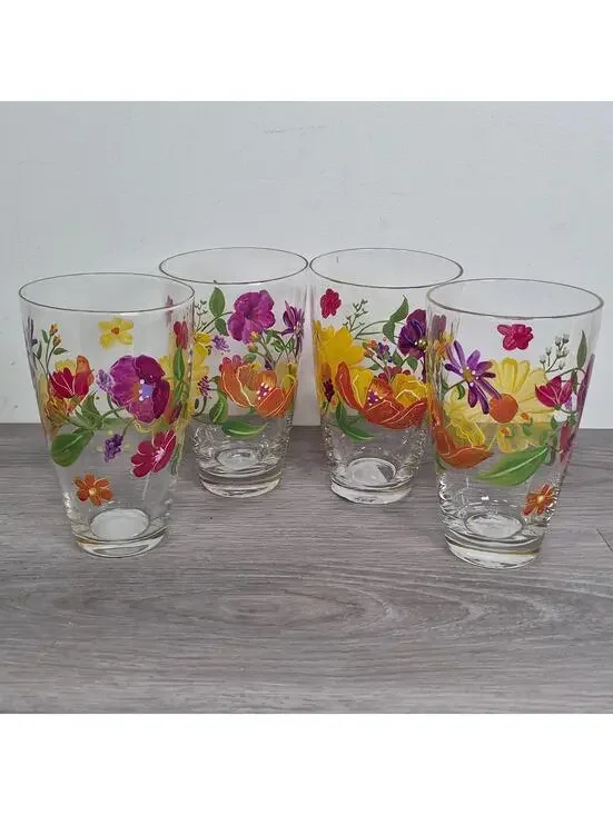 Pier 1 Tall Tumbler Set of 4 Mouth Blown Painted Floral Summer Glasses