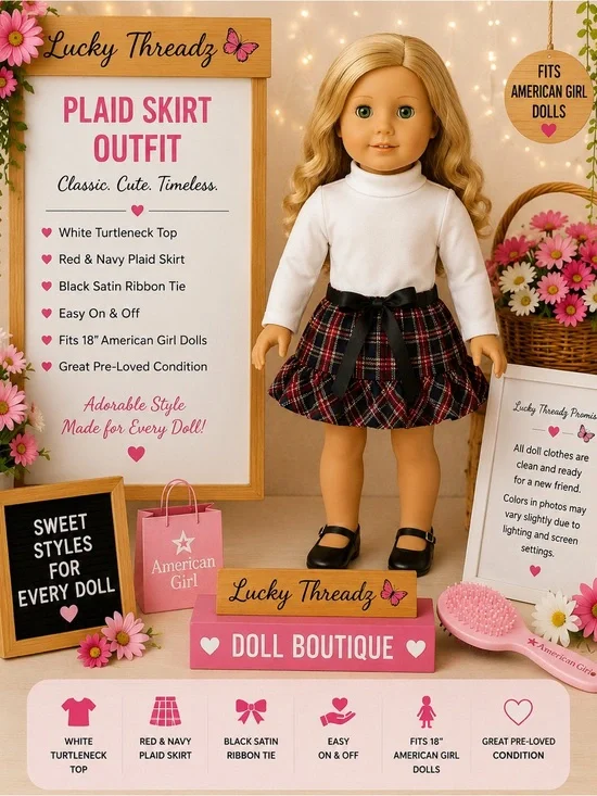 American girl  Red & Navy Plaid Skirt Outfit with White Turtleneck