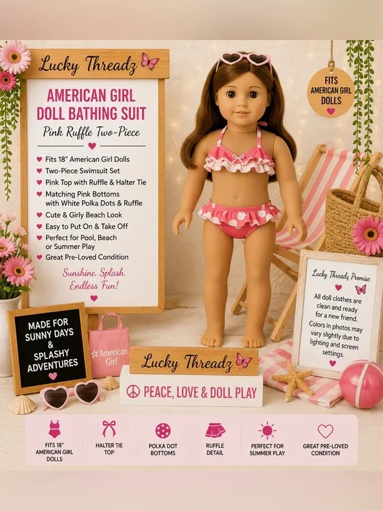 American Girl Doll Pink Ruffle Two-Piece Swimsuit by Lucky Threadz