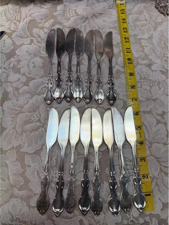 Set of 14 Vintage Silver Tone Spreader Butter Knives with Ornate Handles