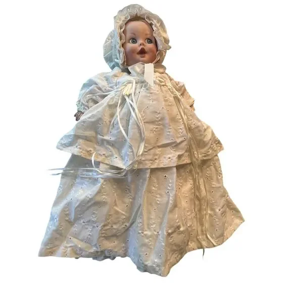 Vintage Baby Doll with Christening Gown Bonnet Booties White Eyelet Dress Outfit