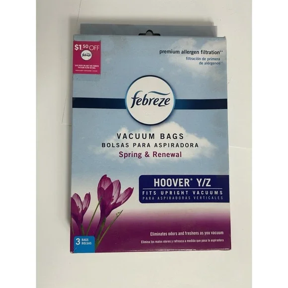 NEW Febreze Vacuum Bags Premium Allergen Filtration 3‎ Pack Hoover Y/Z Upright