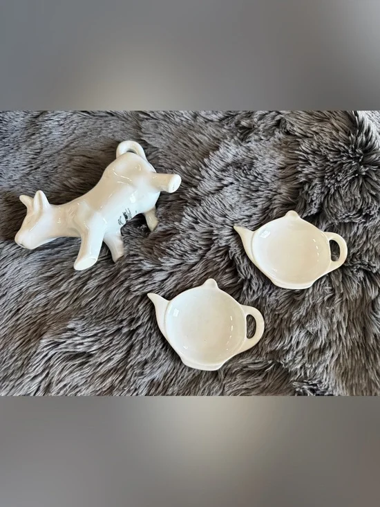 Pier 1 White Ceramic Cow Creamer and Two Cordon Bleu Teapot Teabag Rests